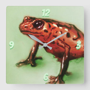 Red Frog Square Clock, Wild Animal Sketch in Green Wall Clock