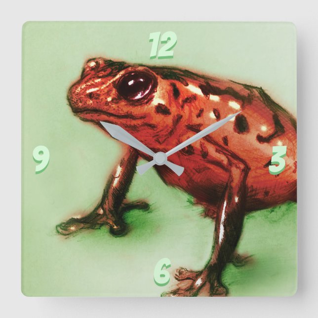 Red Frog Square Clock, Wild Animal Sketch in Green Wall Clock (Front)