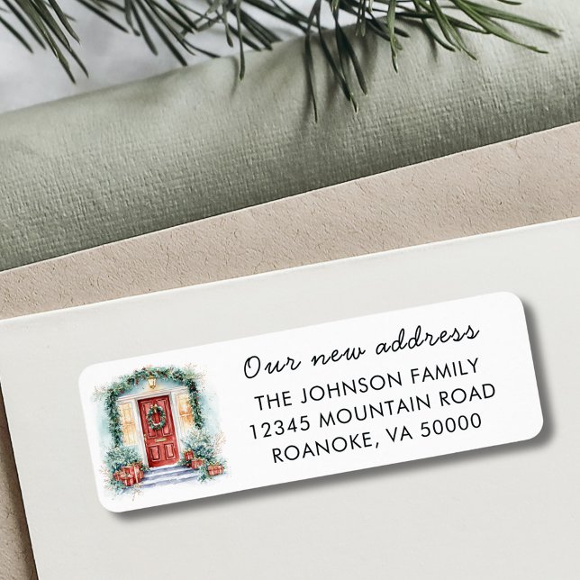 Red Front Door Holiday Moving Return Address (Red Front Door New Home Holiday Moving Announcement Return Addreses Label)