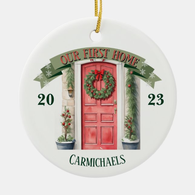 Red Front Door Personalized First Home Christmas Ceramic Ornament (Front)