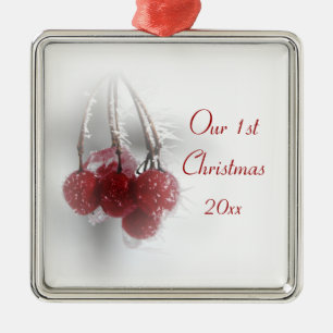 Red Frosty Berries 1st Christmas Together Metal Ornament