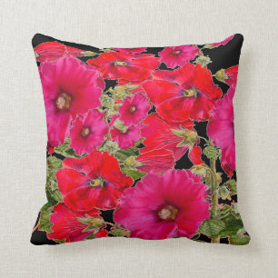 RED & FUCHSIA PINK HOLLYHOCKS BLACK GARDEN ART THROW PILLOW