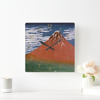Red Fuji, Aka Fujiyama Volcano Katsushika Hokusai Square Wall Clock