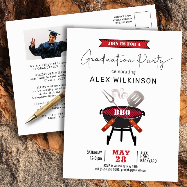 Red Fun Script 3 Photo Graduation BBQ Party Invitation Postcard (Creator Uploaded)