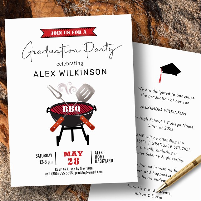 Red Fun Script Minimalist Graduation BBQ Party Invitation (Creator Uploaded)