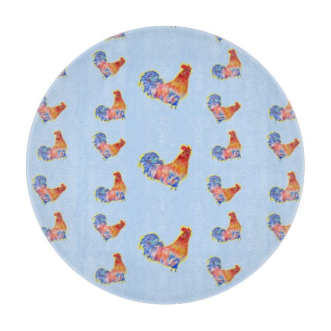 Red Funny Rooster Cockerel Blue and White Spots Cu Cutting Board (Front)