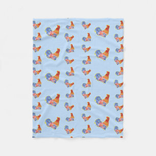 Red Funny Rooster Cockerel Blue and White Spots Fl Fleece Blanket