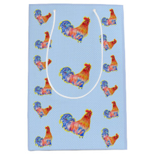 Red Funny Rooster Cockerel Blue and White Spots Medium Gift Bag