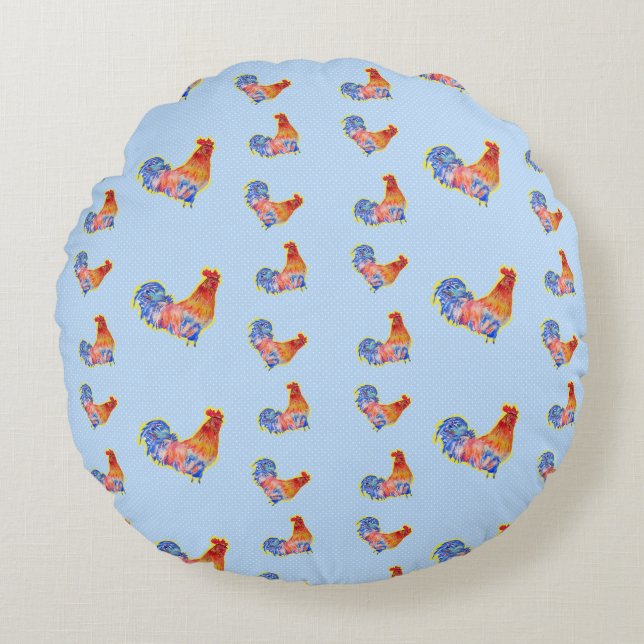 Red Funny Rooster Cockerel Blue and White Spots Round Pillow (Front)