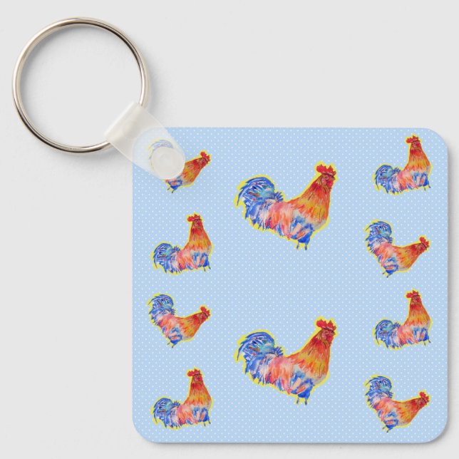 Red Funny Rooster Cockerel Blue and White Spots Tr Keychain (Front)