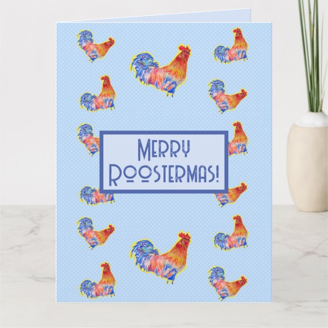Red Funny Rooster Cockerel Blue Christmas Card (Front)