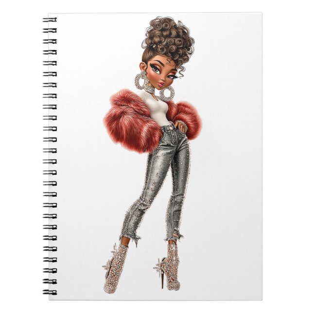 Red Fur Glam Girl Spiral Photo Notebook (Front)