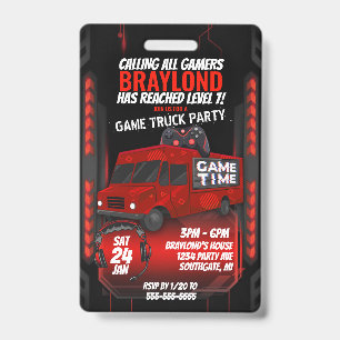 Red Game Truck Birthday Party VIP Invitation Badge