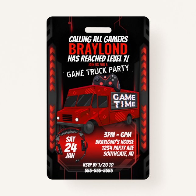 Red Game Truck Birthday Party VIP Invitation Badge (Front)