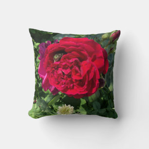 Red garden rose and bug throw pillow