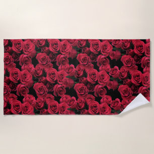 Red Garden Roses Floral Beach Towel