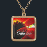 Red gebera daisy photo custom name script modern gold plated necklace<br><div class="desc">A close-up photo of a vibrant red-orange and yellow daisy will remind you of a warm, summer's day. Relax and experience the joy of this photograph whenever you wear this stunning, beautiful photography personalized name charm necklace. This necklace comes in small, medium and large sizes, as well as both square...</div>
