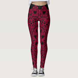 Red Geometric Design on Black Women's Athletic Leggings