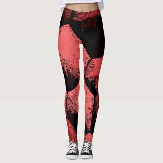 Red geometric figures pattern, black fabric canvas leggings