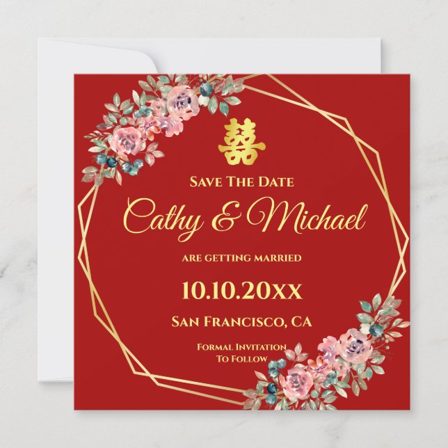 Red geometric floral Chinese wedding save the date Invitation (Front)