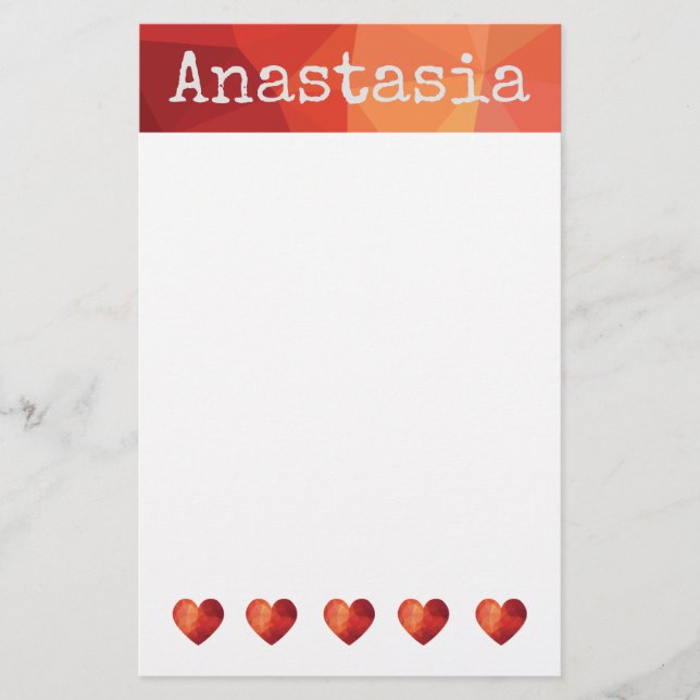 Red geometric heart and personalized name stationery (Front)