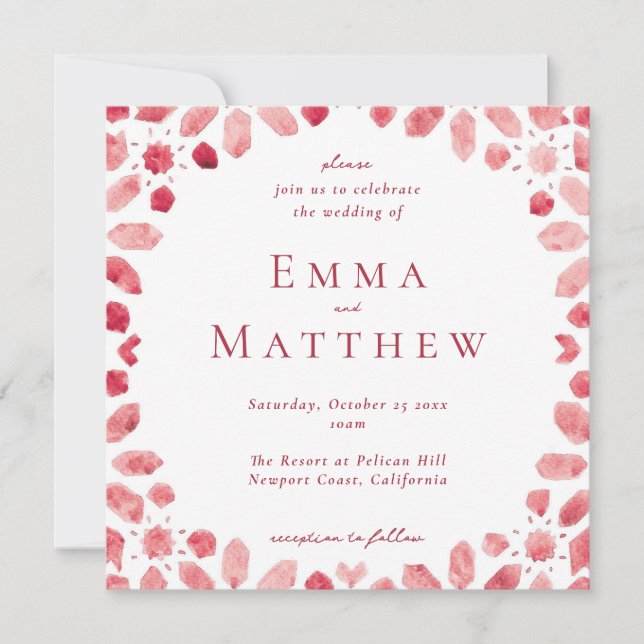 Red Geometric Moroccan Tile Square Wedding Invitation (Front)
