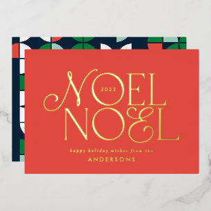 Red geometric Noel script elegant modern  Foil Holiday Card
