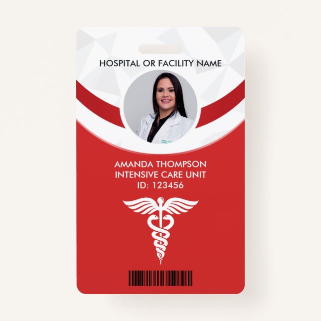 Red Geometric Nurse Photo ID Badge (Front)