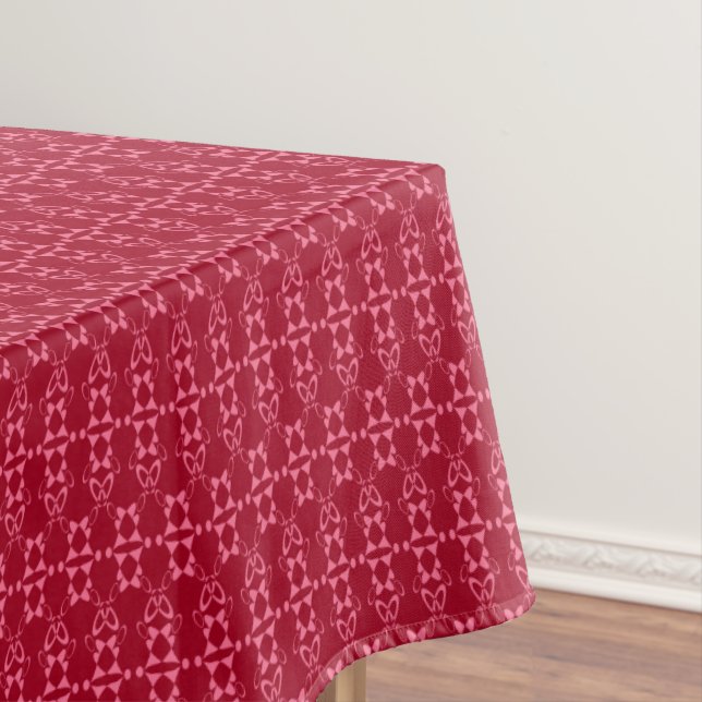 Red geometric ornament pattern retro tablecloth (In Situ)