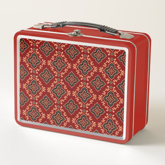 Red Geometric Pattern / Indian Print  Metal Lunch Box (Front)