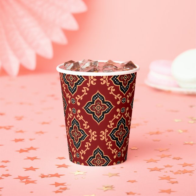 Red Geometric Pattern / Indian Print  Paper Cups (Insitu)