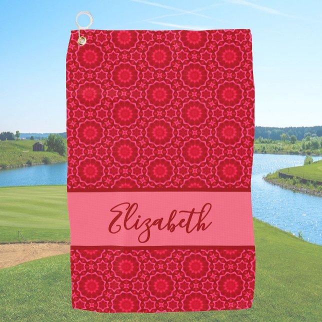 Red Geometric pattern with custom name ladies  Golf Towel (Creator Uploaded)