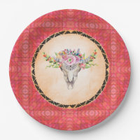 Red Geometric Pattern With Floral Cow Skull