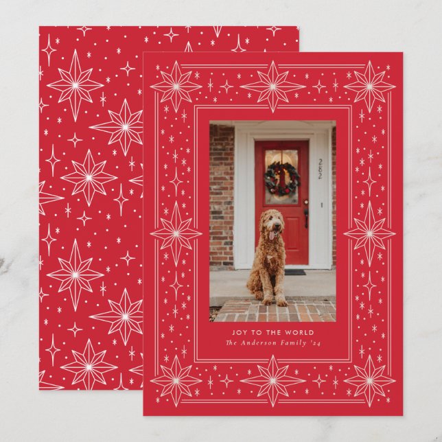 Red geometric star border Christmas Photo Holiday Card (Front/Back)
