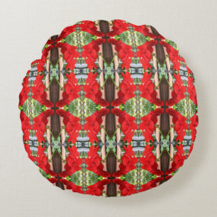 Red Geranium Stripes Round Pillow