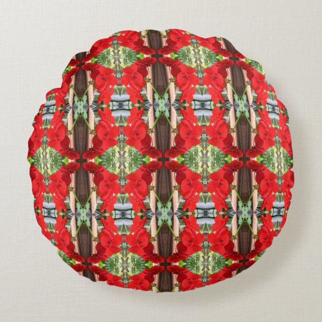 Red Geranium Stripes Round Pillow (Front)
