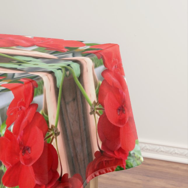 Red Geranium Stripes Tablecloth (In Situ)