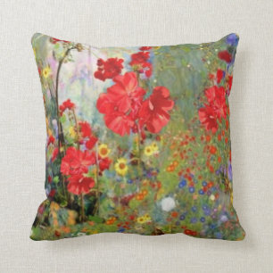RED GERANIUMS GARDEN PAINTING THROW PILLOW