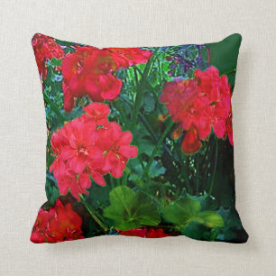 RED GERANIUMS GREEN GARDEN ART THROW PILLOW