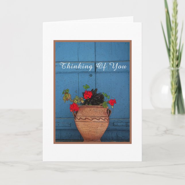 RED GERANIUMS IN TERRACOTTA POT/THINKING OF YOU CARD (Front)