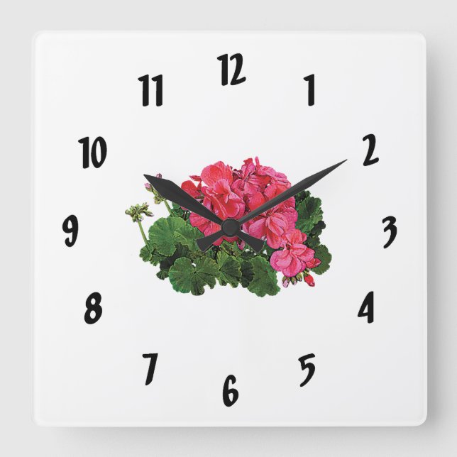 Red Geraniums with Buds Square Wall Clock (Front)