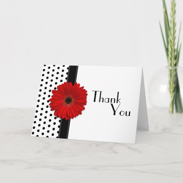 Red Gerber Black White Polka Dot Wedding Thank You Card (Front)