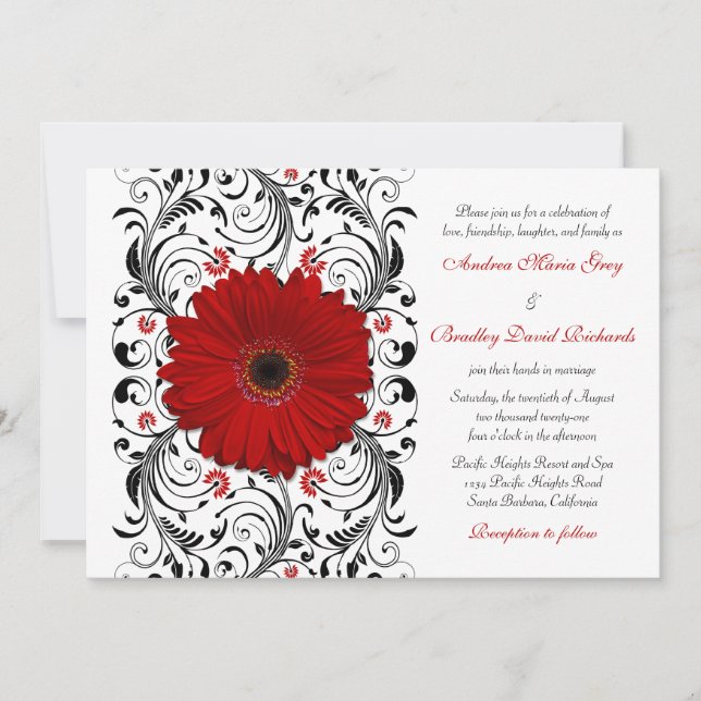 Red Gerber Daisy Black Floral Faire-part de mariag (Devant)