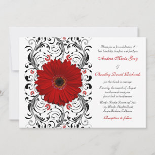 Red Gerber Daisy Black Floral Wedding Invitation