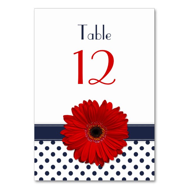 Red Gerber Daisy Navy Blue White Polka Dot Wedding Table Number (Back)