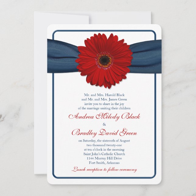 Red Gerber Daisy Navy Ribbon Wedding Invitation (Front)
