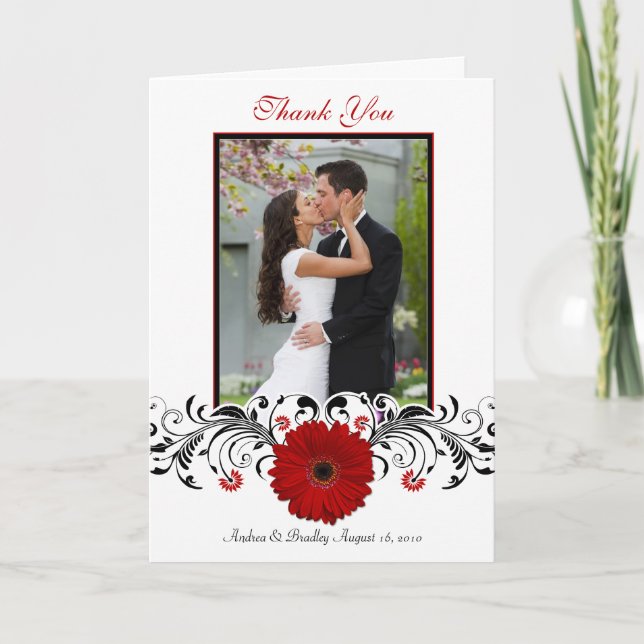 Red Gerbera Daisy Floral Photo Wedding Thank You (Front)