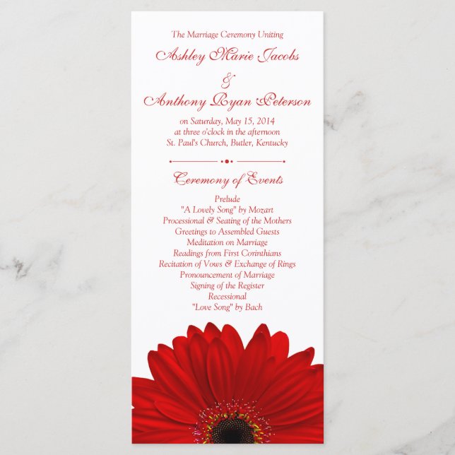 Red Gerbera Daisy Flower Programme de mariage blan (Devant)