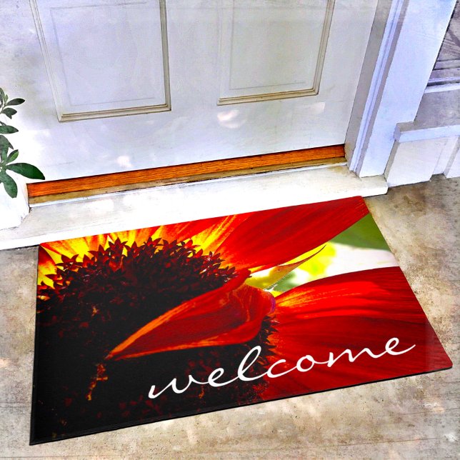 Red Gerbera Daisy Photo Welcome Script Modern Doormat (Creator Uploaded)