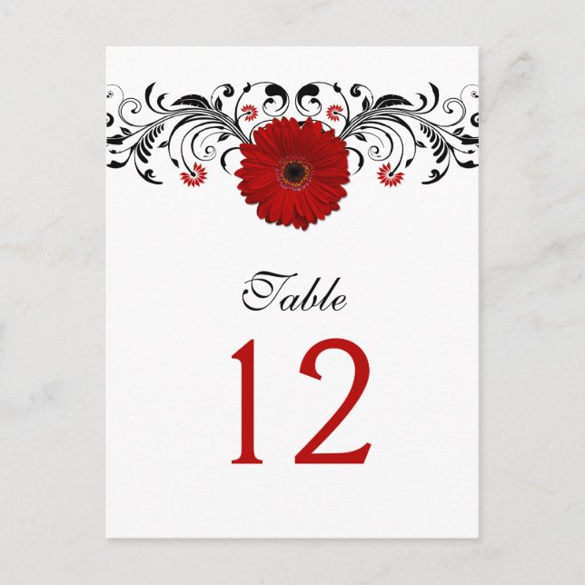 Red Gerbera Daisy Table Number Card (Front)